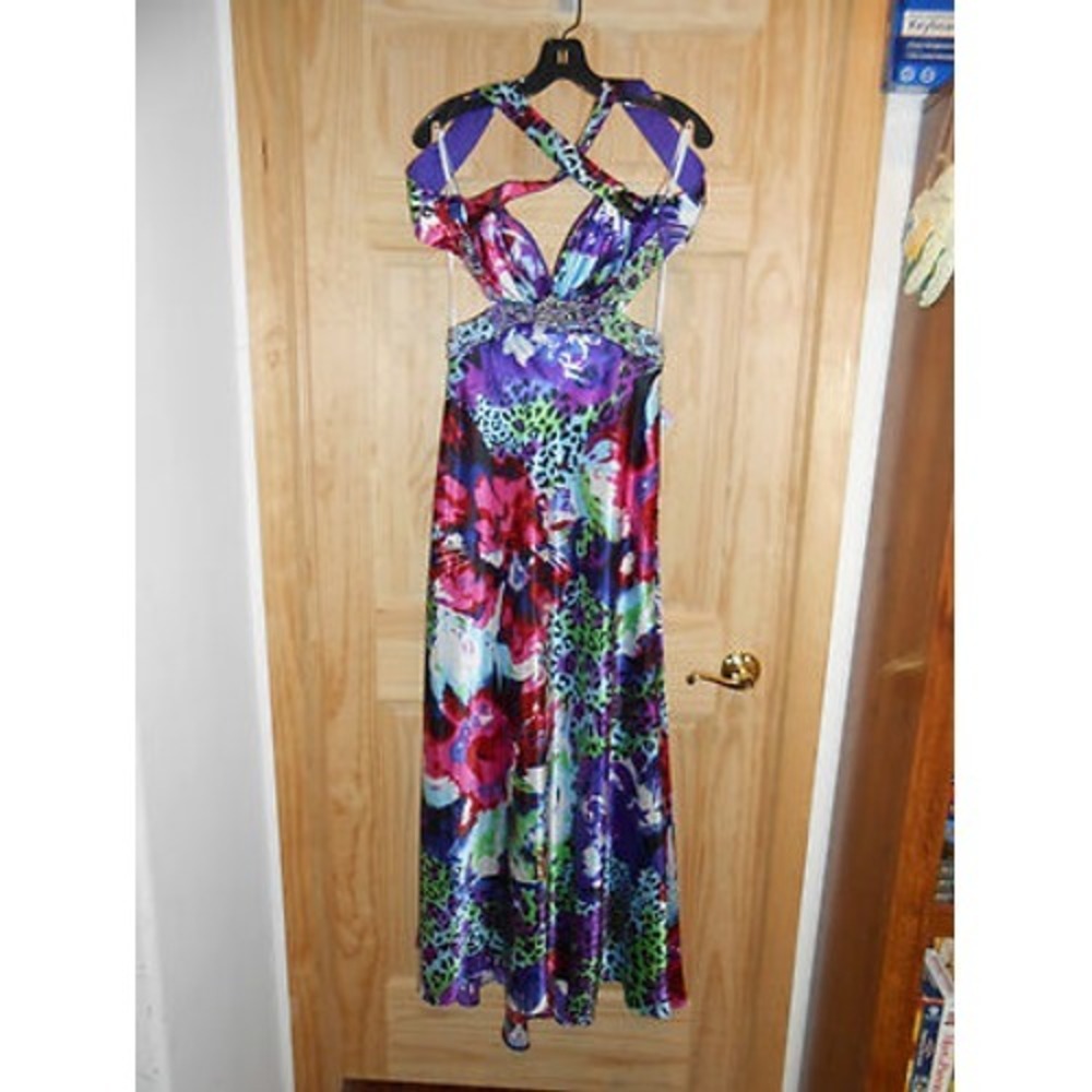 NEW deb Long Formal X Straps Open Back Dress 5/6 Purple Pink animal Print SEXY!!